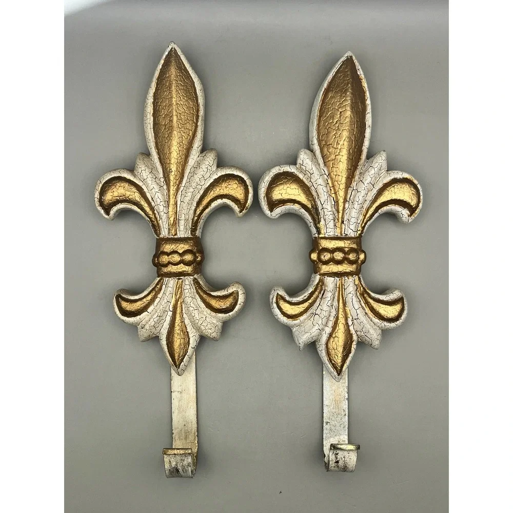 Pair of Fleur De Lis Wall Hooks White Gold Crackle French Country Decor 10